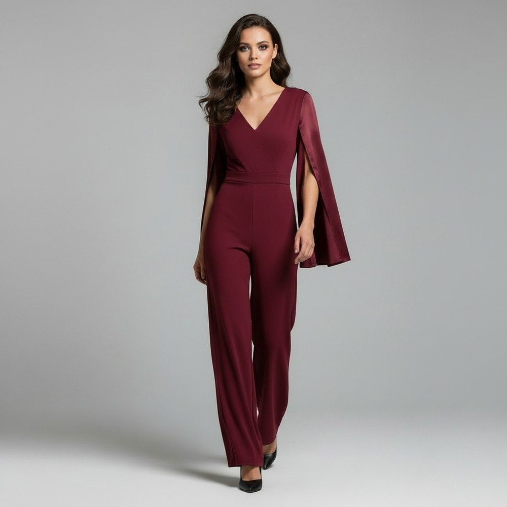 SHEIN SXY Womens Large Slit Sleeve Jumpsuit Burgundy V-Neck‎ Wide Leg